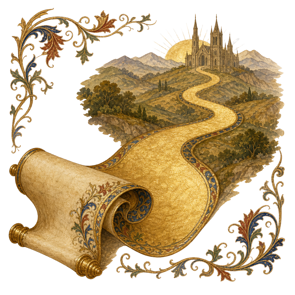 A scroll unfurling into a golden road toward a distant cathedral, symbolizing the next roadmap
