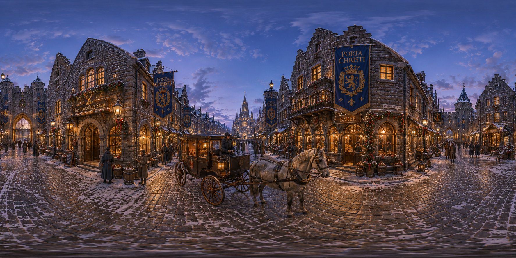360-degree panorama of the Porta Christi village market square at twilight, with the Gothic cathedral, banners of the crowned lion, and guild houses