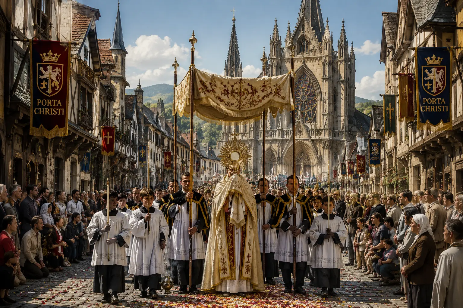 A Corpus Christi procession advancing down a cobblestone street toward a Gothic cathedral under Porta Christi banners