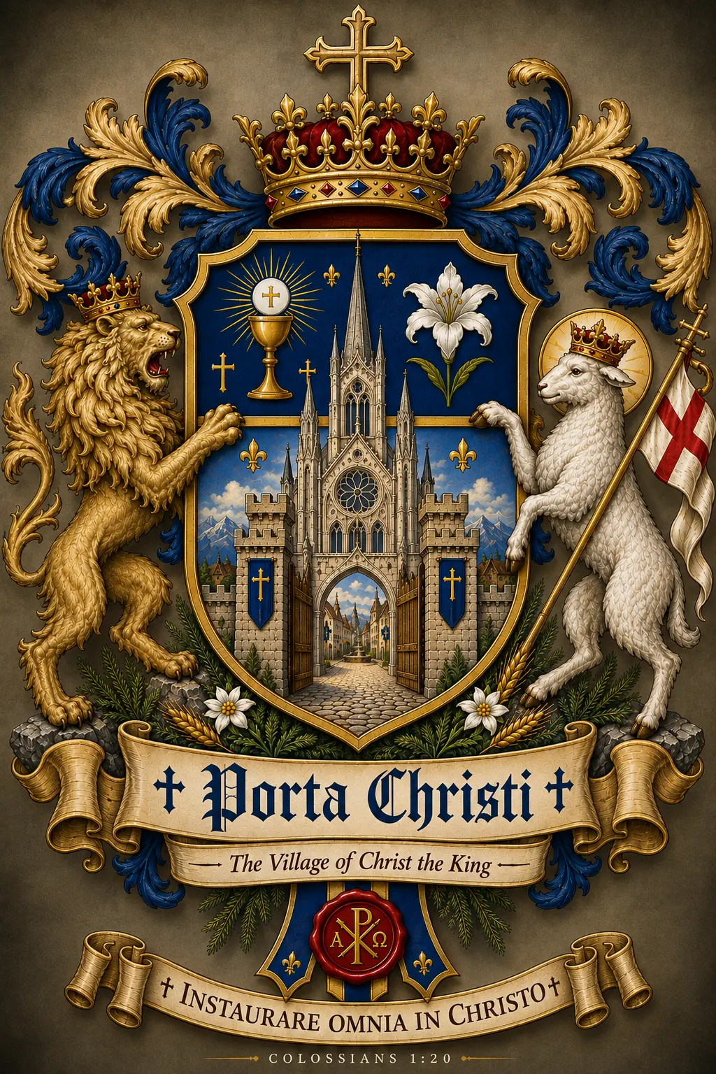 Porta Christi coat of arms — crowned lion and lamb flanking a Gothic cathedral gate, motto Instaurare Omnia in Christo