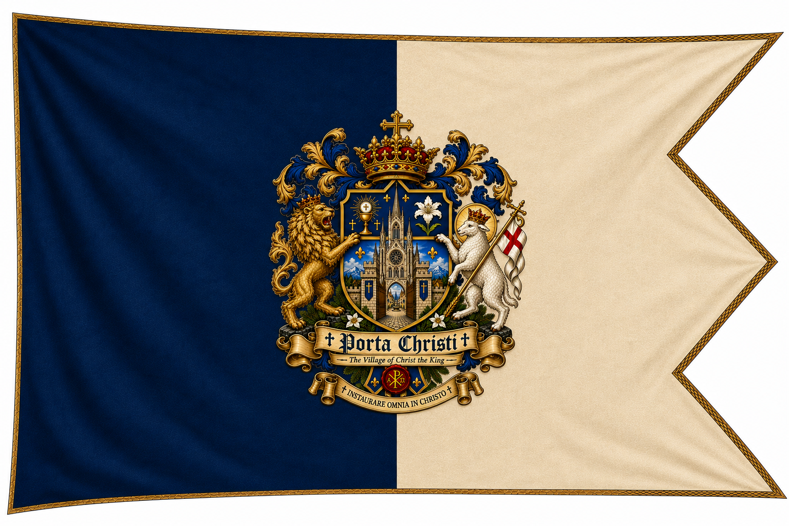 The flag of Porta Christi: navy and parchment banner bearing the village coat of arms with lion, Lamb of God, crown, and cathedral