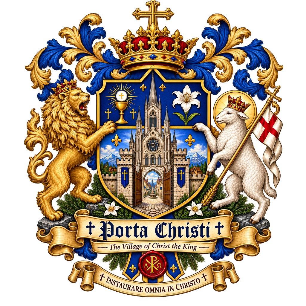 Porta Christi coat of arms — a crowned lion and the Lamb of God flanking a Gothic cathedral gate, motto Instaurare Omnia in Christo