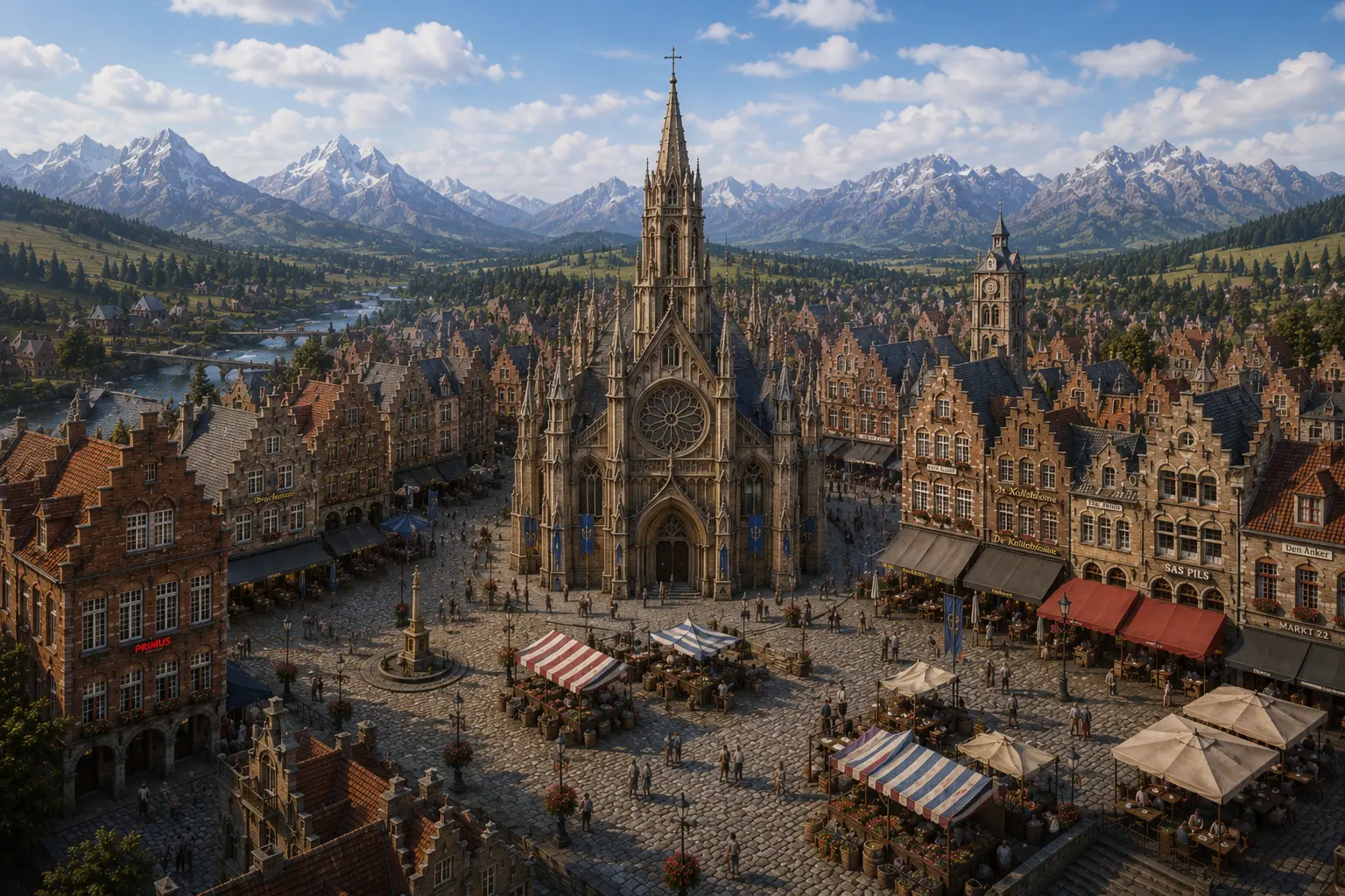 Aerial view of the planned village: a Gothic cathedral rising above a cobbled market square ringed by gabled houses