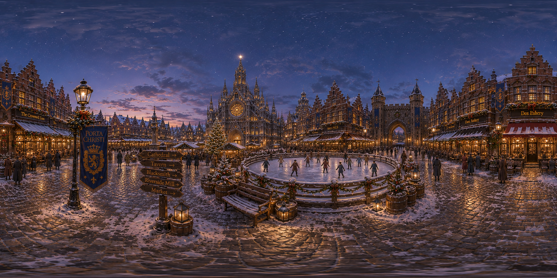 The Porta Christi Christmas market at twilight: Gothic cathedral, decorated tree, ice rink, and glowing stalls — an immersive 360° view