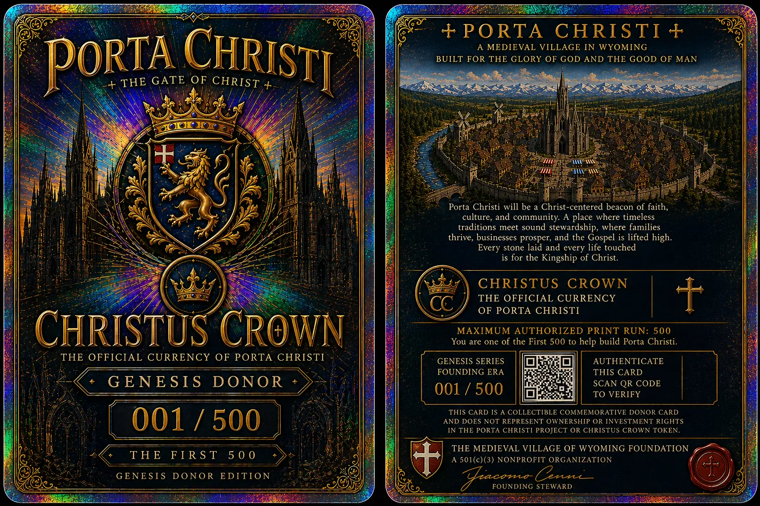 Genesis Donor trading card, front and back — Porta Christi Christus Crown, Genesis Donor Edition, numbered 001 of 500
