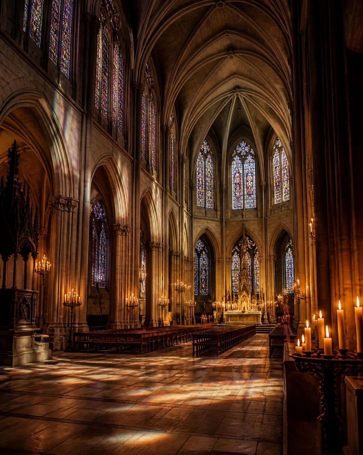 Stained glass light falling across a Gothic cathedral nave