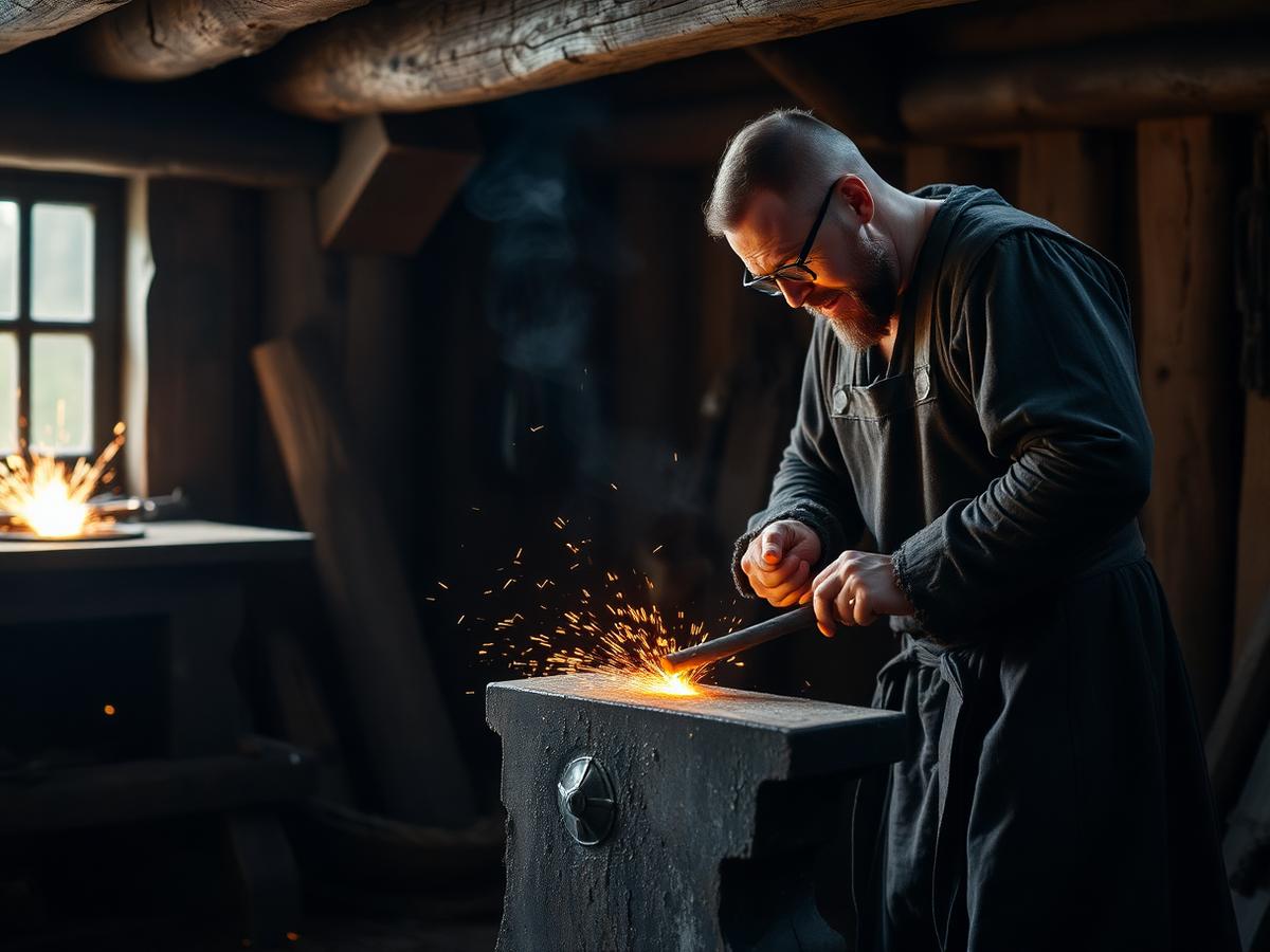 A blacksmith striking glowing iron in a timber workshop