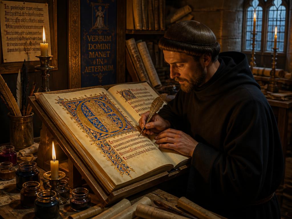 A medieval scribe illuminating a manuscript by candlelight