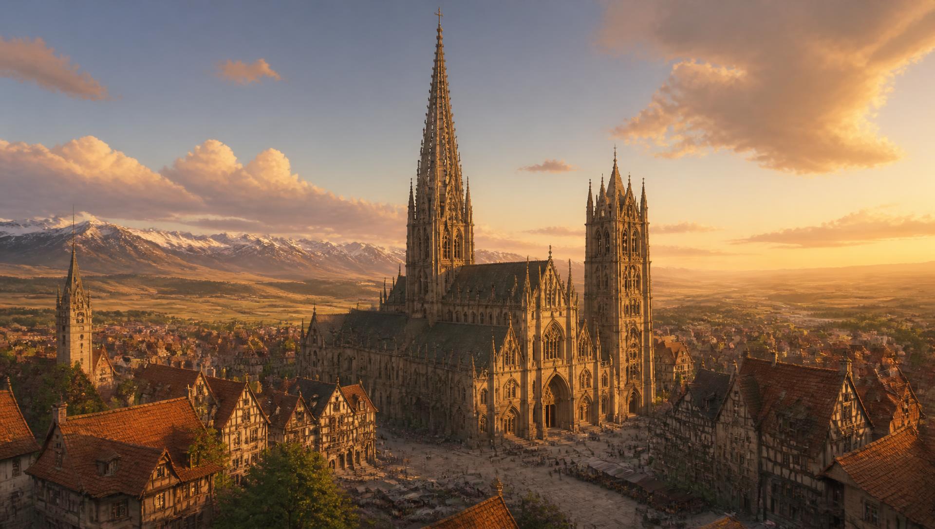 A medieval village and Gothic cathedral at golden hour on the Wyoming plains