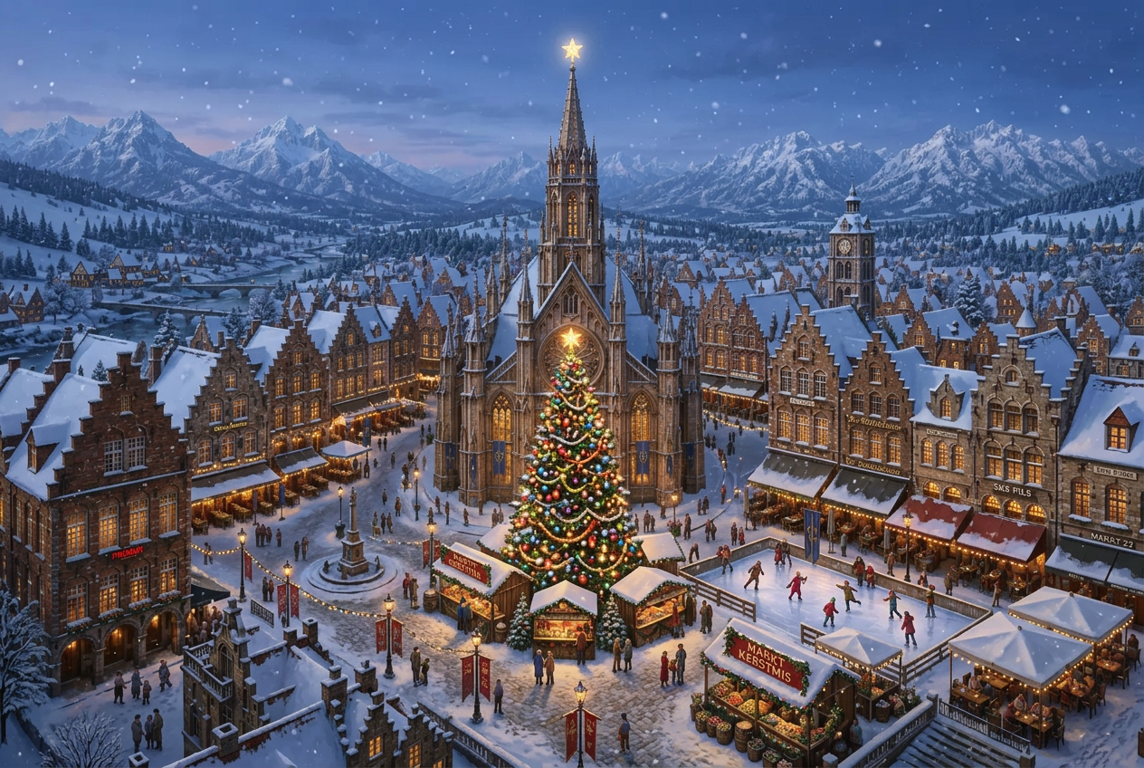 The village square at Christmas with a glowing tree, market stalls, and an ice skating rink before the Gothic cathedral